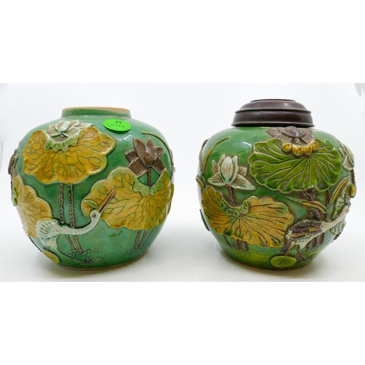 2pc Old Chinese Fahua Lotus Jars 4.5'' Approx.