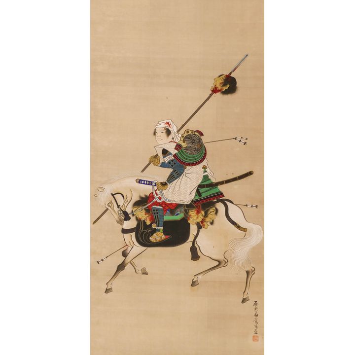 Japanese Meiji Samurai on Horseback Scroll Painting