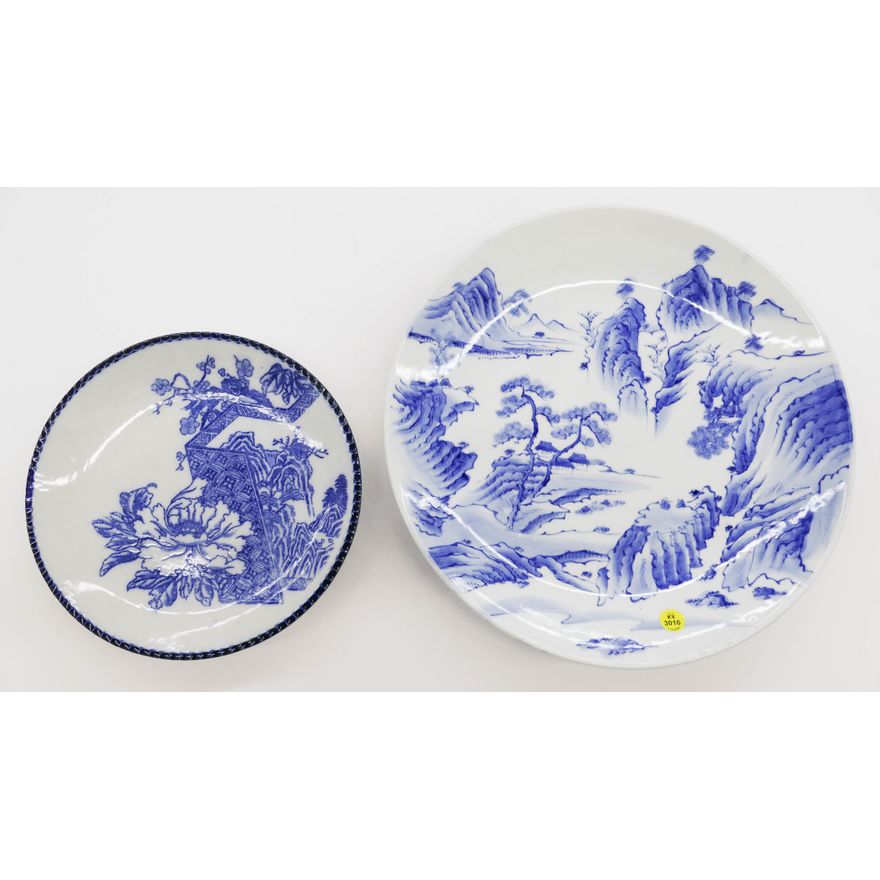 2pc Old Japanese B&W Porcelain Chargers- 10'' and 15''