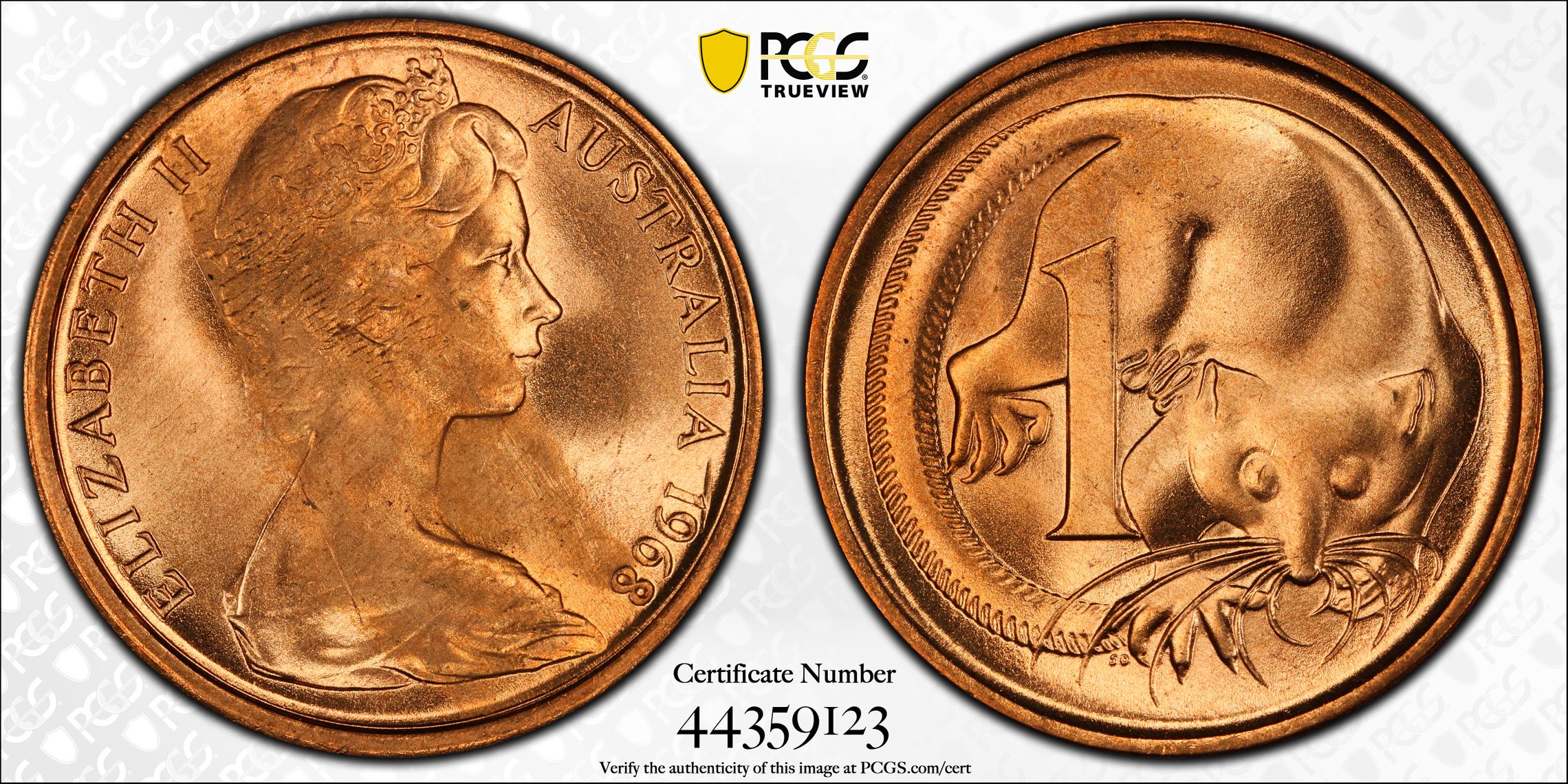 1968 Australia One Cent, 1c PCGS - Genuine - UNC Details (95 - Scratch) -123