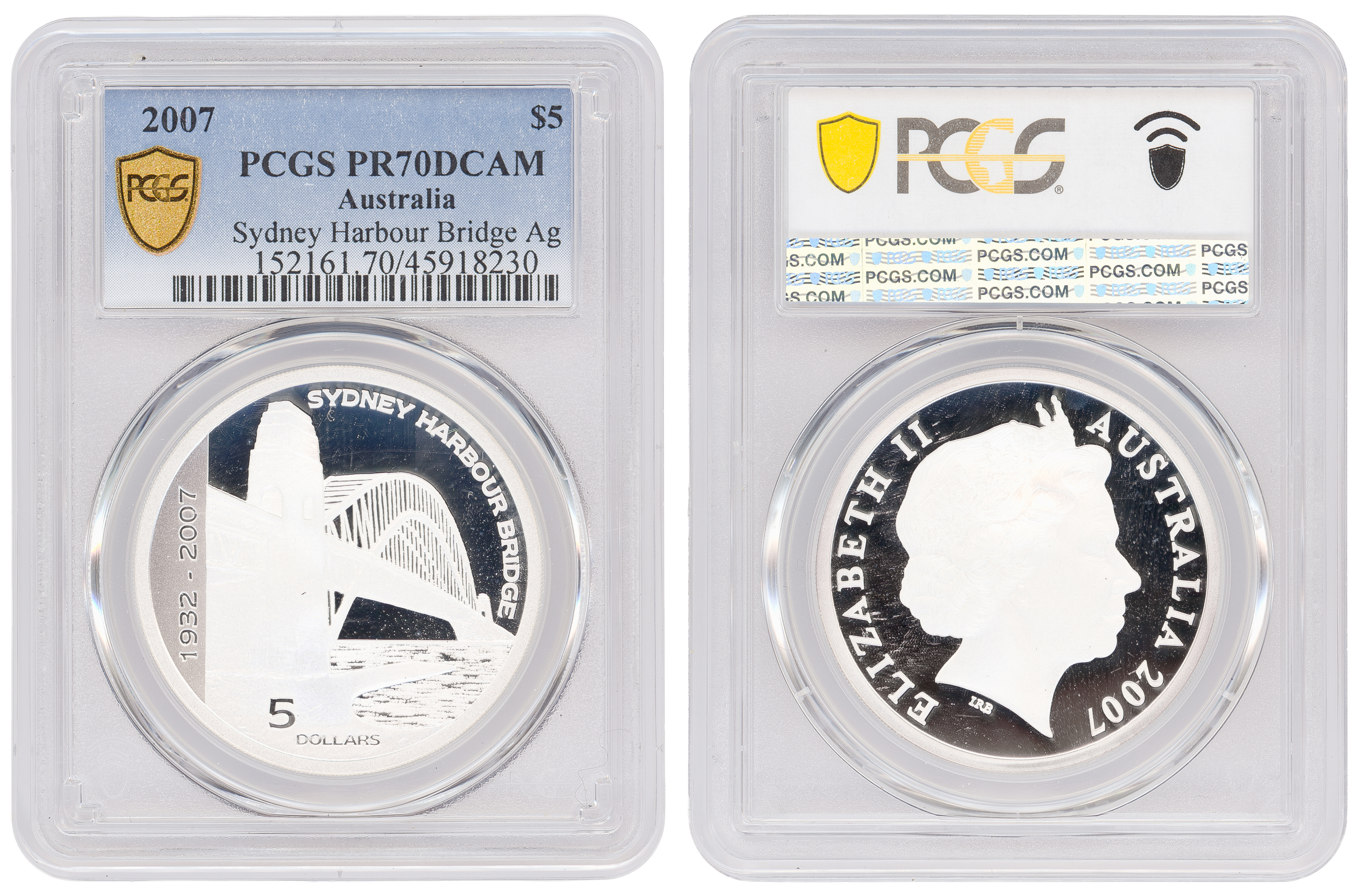 Sydney Harbour Bridge Ag, POP 3/0, Five Dollar, 2007, PCGS PR70DCAM