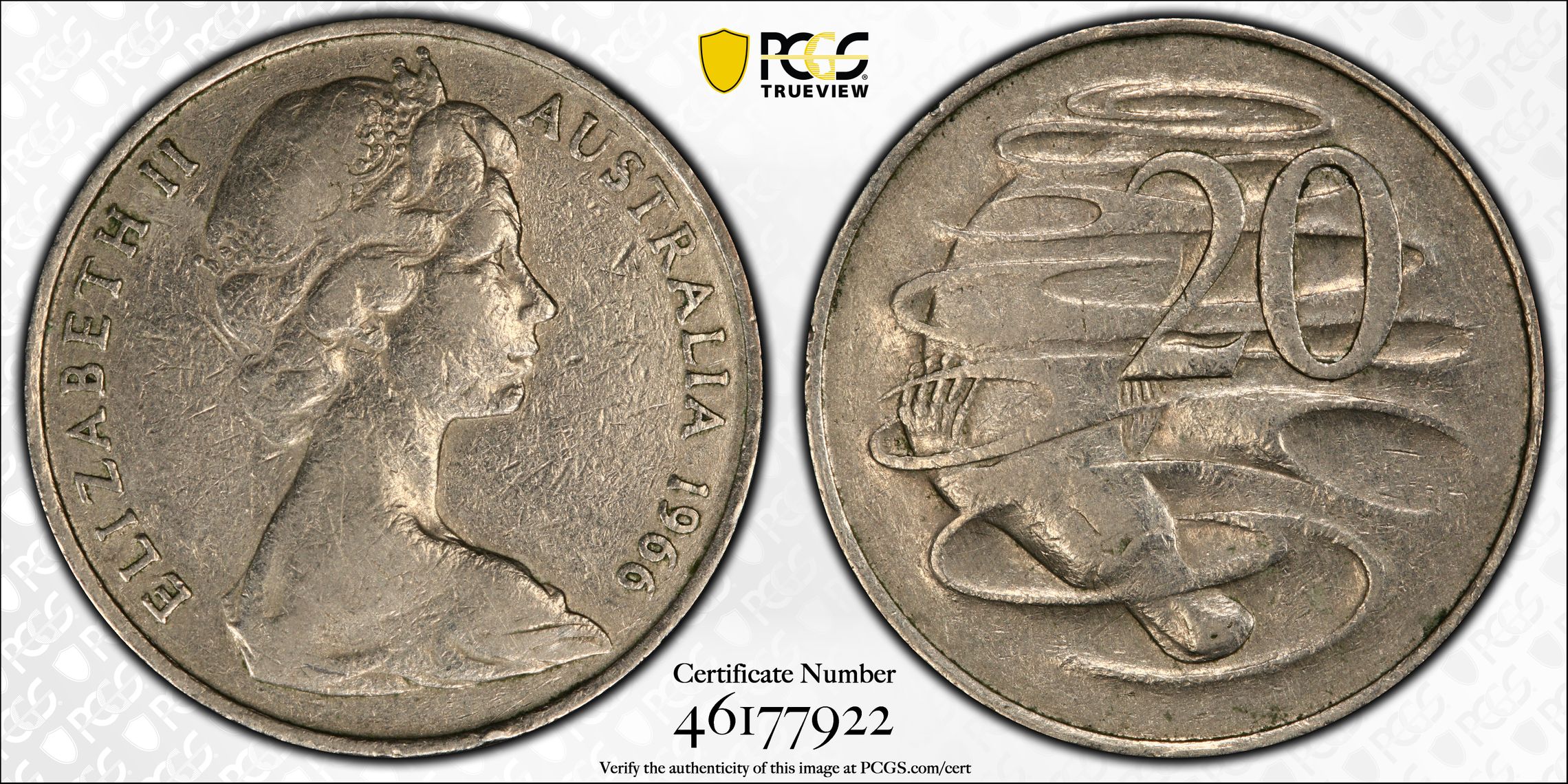 Elizabeth II, Wavy "2", Twenty Cent, 1966(L), PCGS VF35