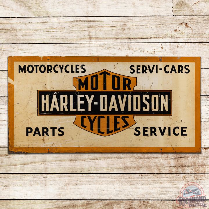 Rare Harley Davidson Motorcycles Servi-Cars Parts Service 48" Double Sided Tin Sign w/ Logo