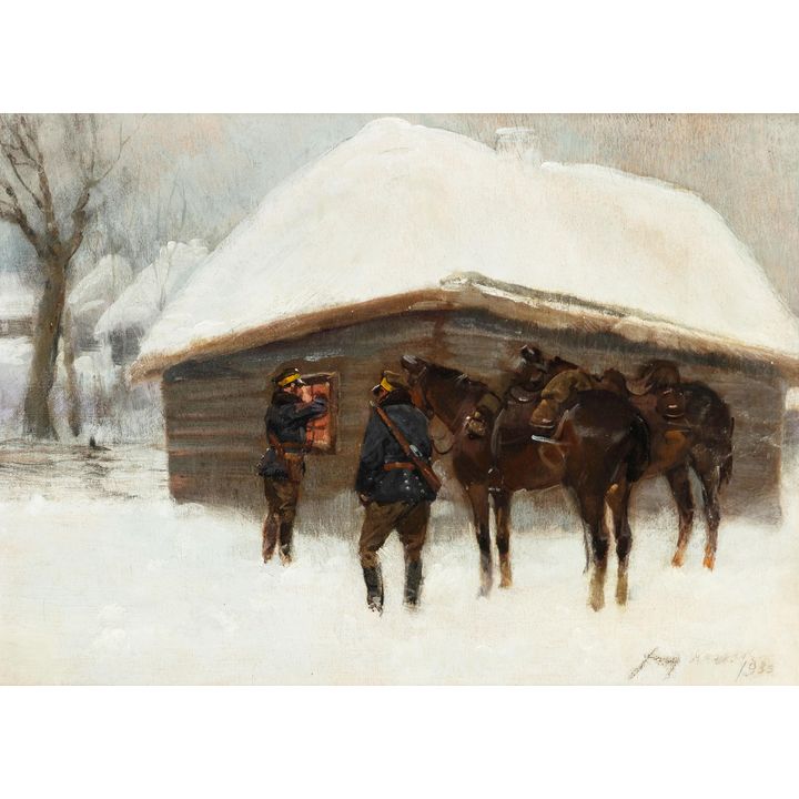 Jerzy Kossak | Zimowy patrol przed chatą, 1935 r.
