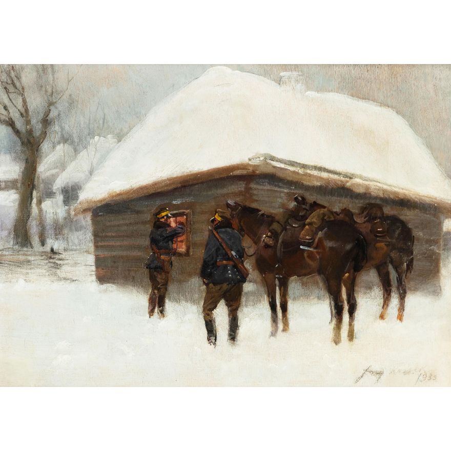 Jerzy Kossak | Zimowy patrol przed chatą, 1935 r.