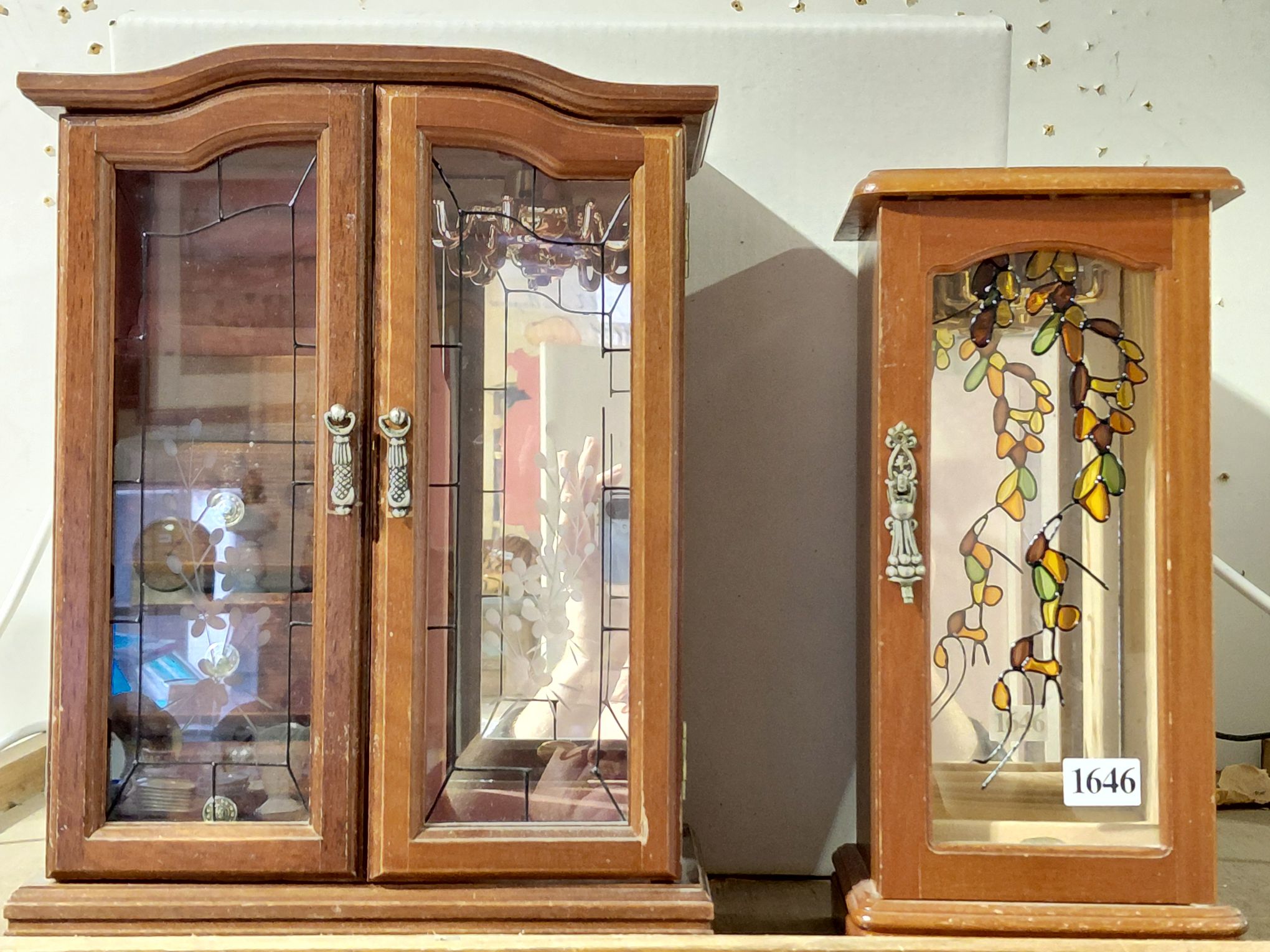 TWO WOODEN GLAZED JEWELLERY CABINETS