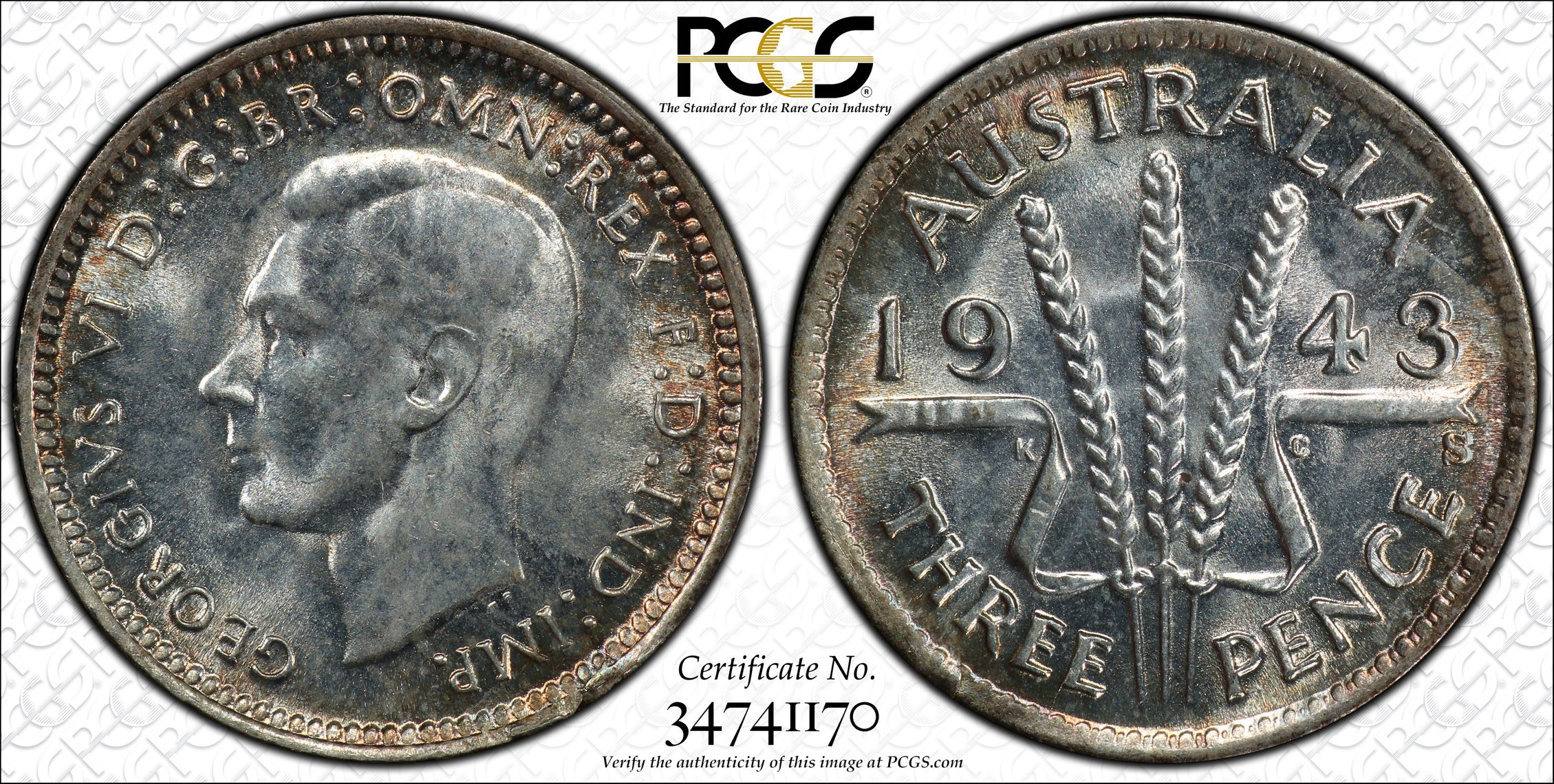 George VI, Threepence, 1943-S, PCGS MS65