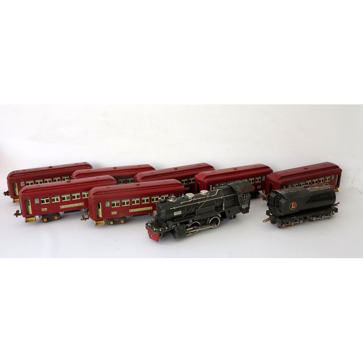 BOXED MID 20TH CENTURY LIONEL "O" GUAGE TRAIN SET with a couple of tracks and transformer