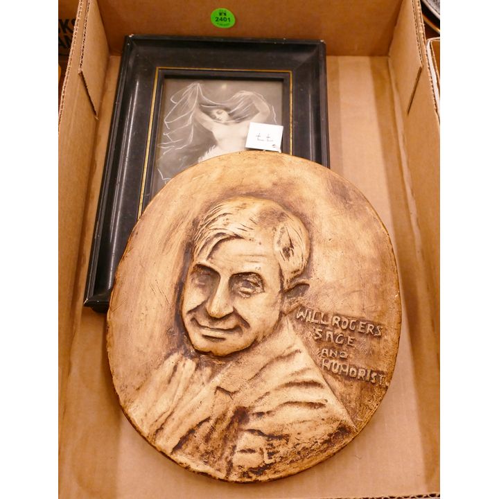Box Antique Nude Nymph Framed Print & Handmade Will Rogers Plaque (#77, 81)