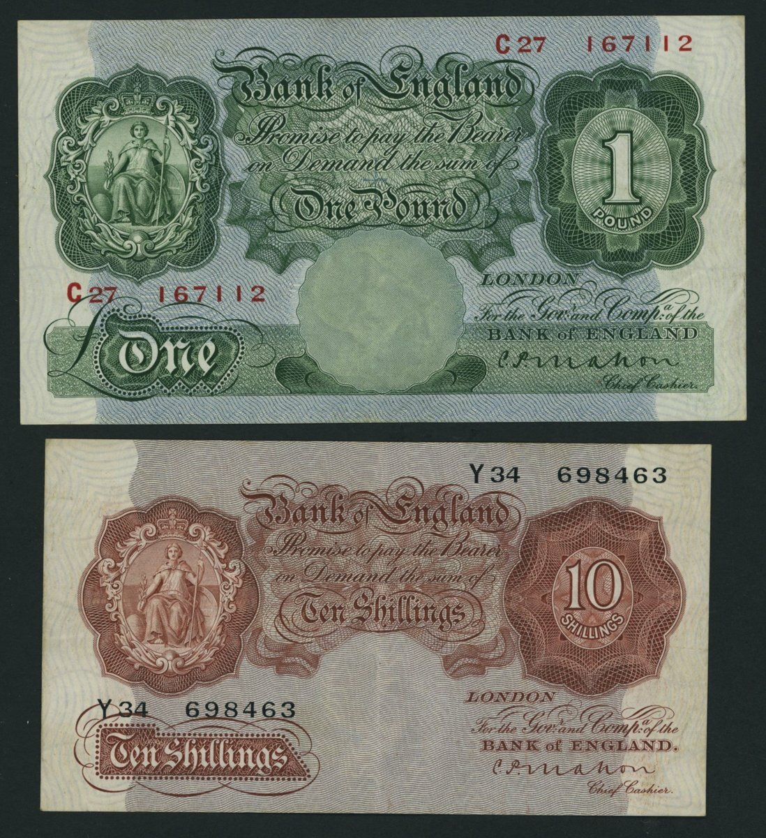 Bank of England, C. P. Mahon, [2 notes] 10/- Shillings, £1, ND (1928 ...