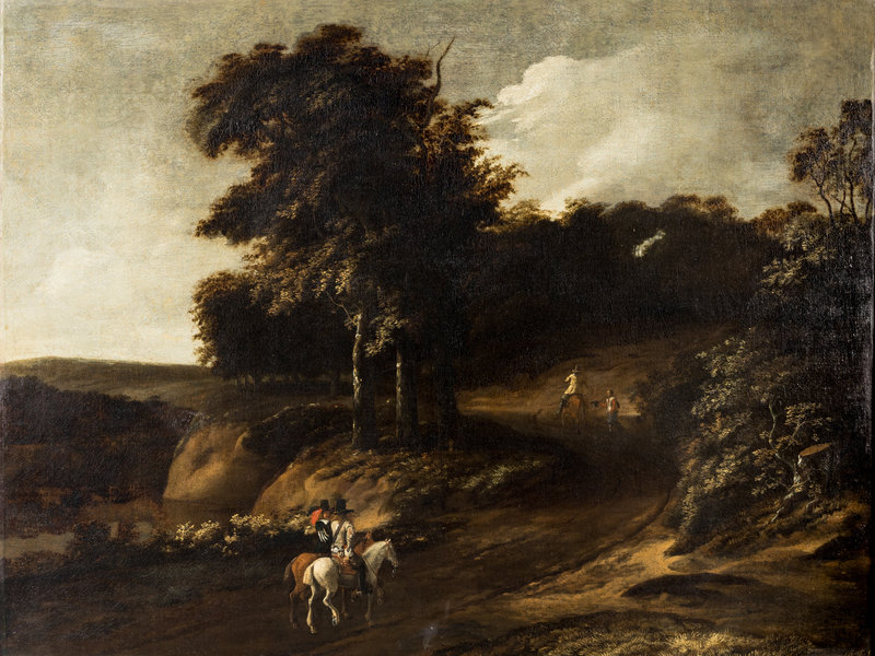 Attributed to Jan Looten    
(Dutch, 1618–1681)
Landscape with Travelers