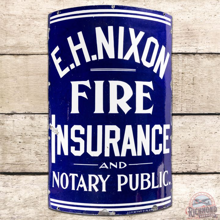E.H. Nixon Fire Insurance and Notary Public Curved SS Porcelain Sign