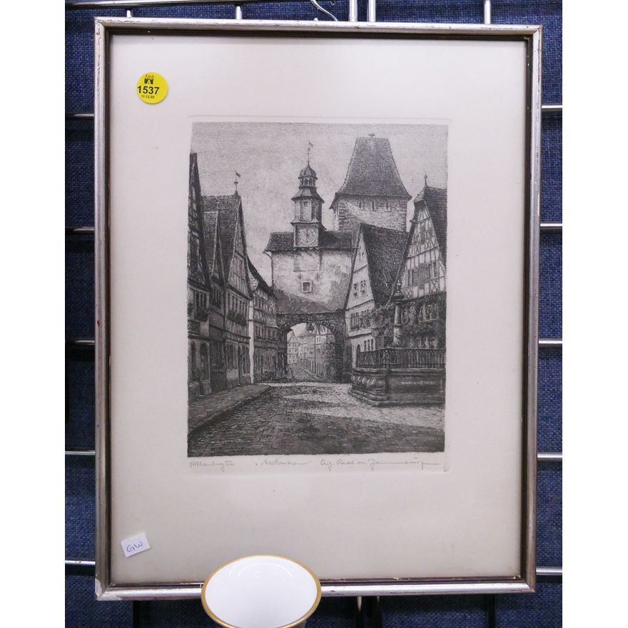 Rothenburg Gate German Street Scene Etching Framed- 14x11''
