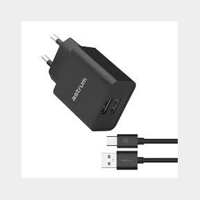 Astrum 5V 2.4A Dual USB Fast Wall Charger USB-C Cable - Pro Dual U24 - Black Bar 4895205311480- 51748/20877 AS B3 (S3)