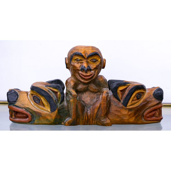 Simon Charlie (Cowichan) Bear and Man 1982 Cedar Carving 9''