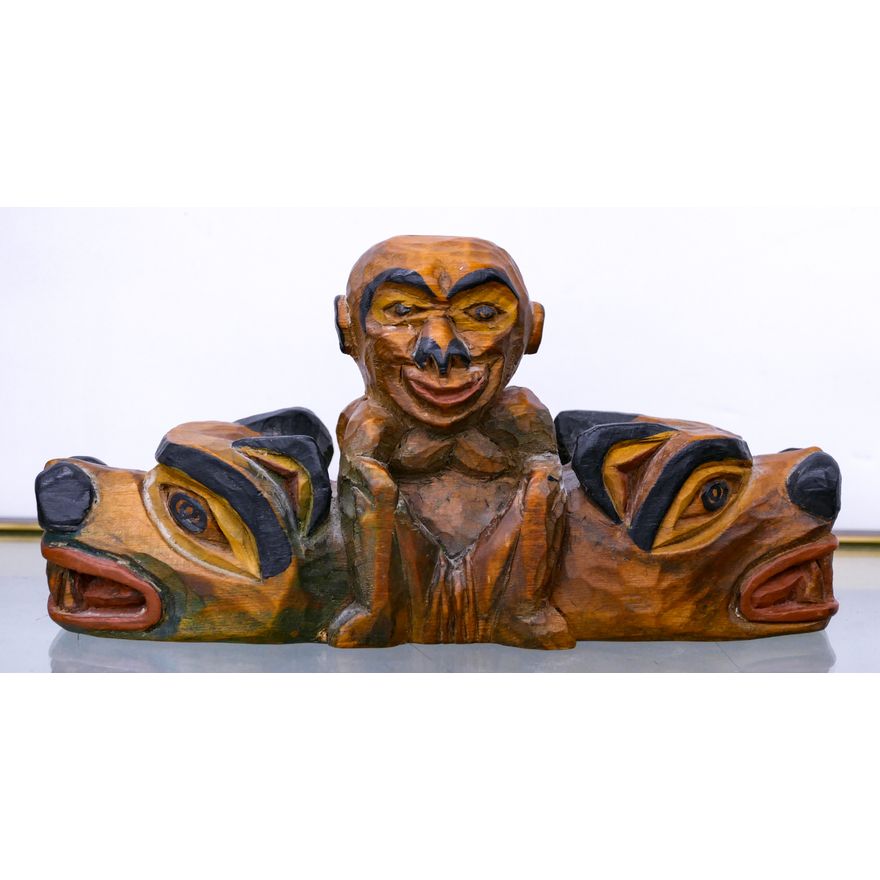 Simon Charlie (Cowichan) Bear and Man 1982 Cedar Carving 9''