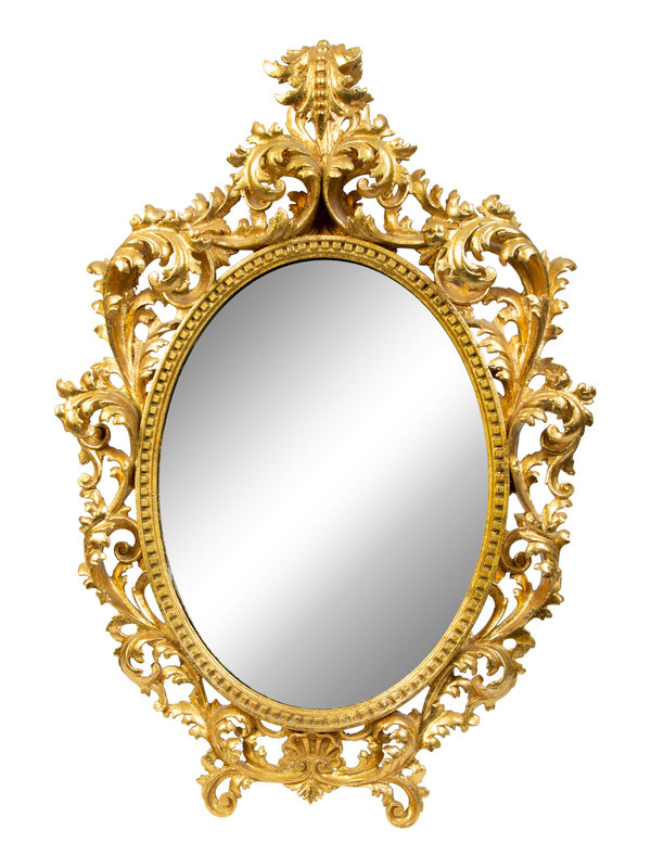 An Italian Rococo Style Carved Giltwood Oval Mirror and a Pair of Wall Brackets
Mirror, height 38 1/2 x width 26 inches; Brackets, Height 11 3/4 x width 10 x depth 6 inches.