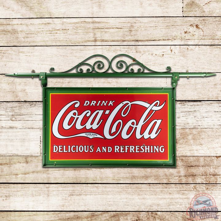 Drink Coca Cola Delicious and Refreshing DS Porcelain Sign w/ Frame & Arm