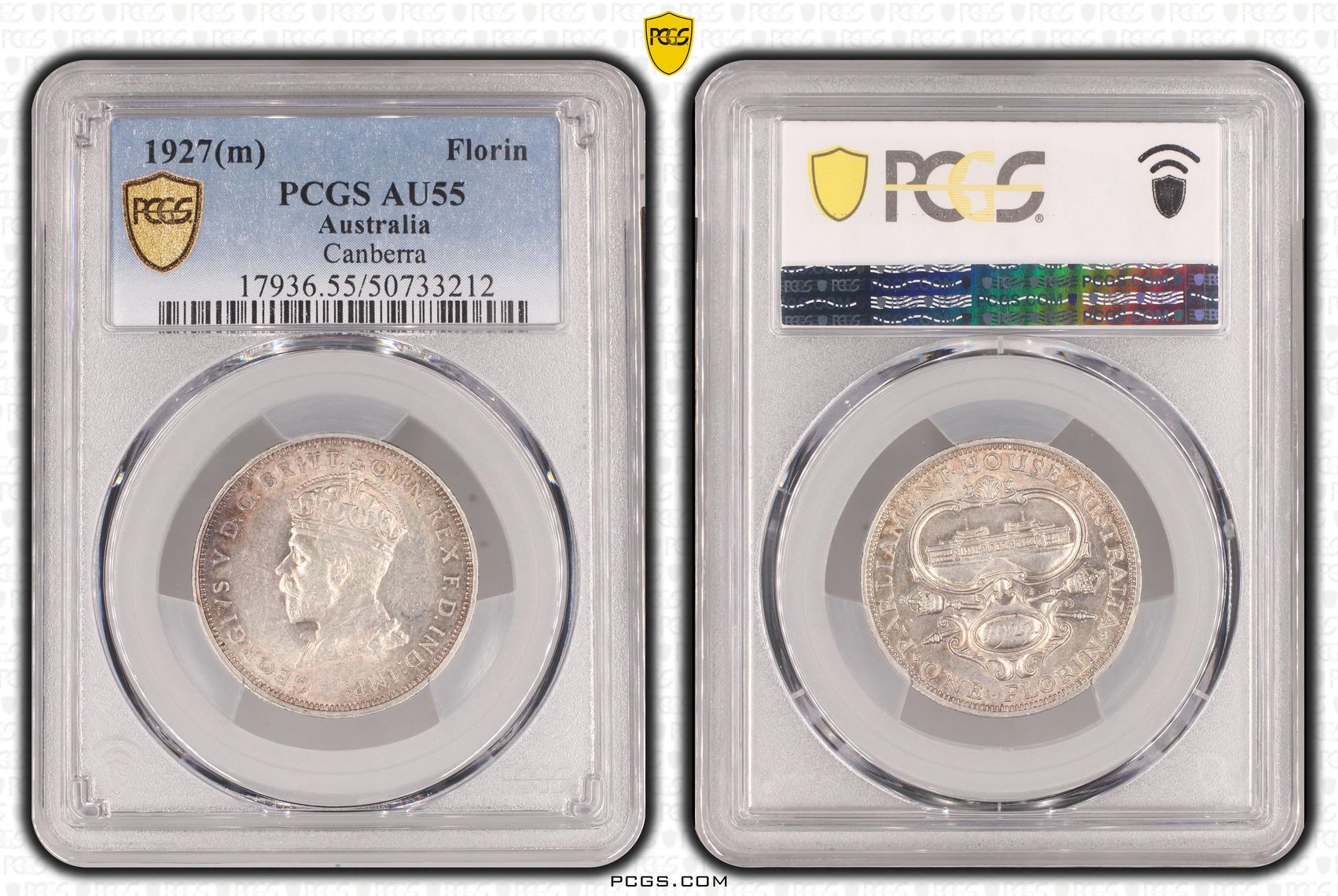 George V, Canberra, Florin, 1927(m), PCGS AU55