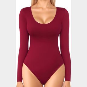 MANGOPOP DOUBLE LINED BODYSUIT FOR WOMEN SCOOP NECK LONG SLEEVE BODYSUIT BASIC SHIRTS TOPS (WINE RED XXL)
