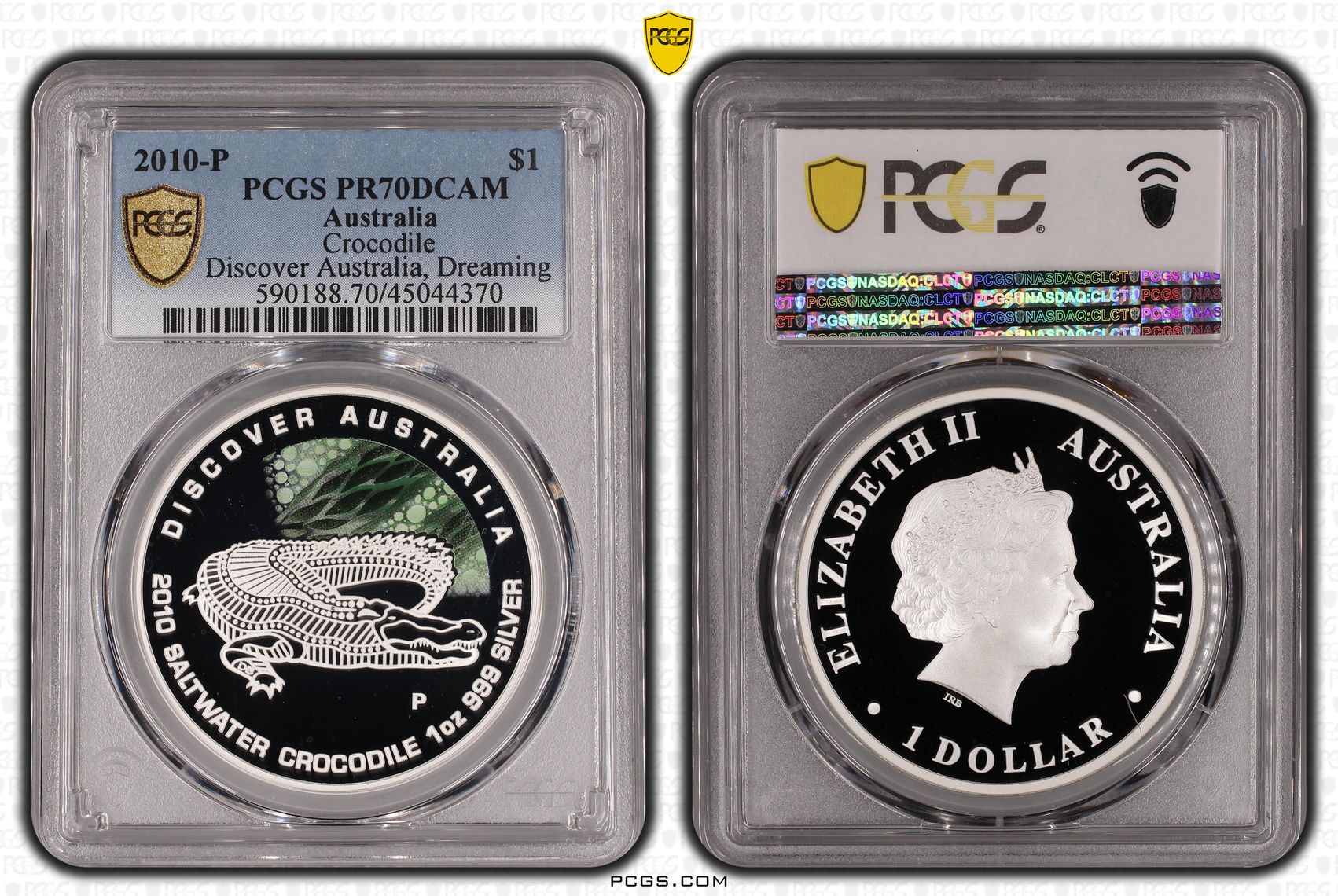 2010-P Australia One Dollar, $1 Silver Proof Crocodile - Discover Australia, Dreaming PCGS - PR70DCAM POP 1/0 -370