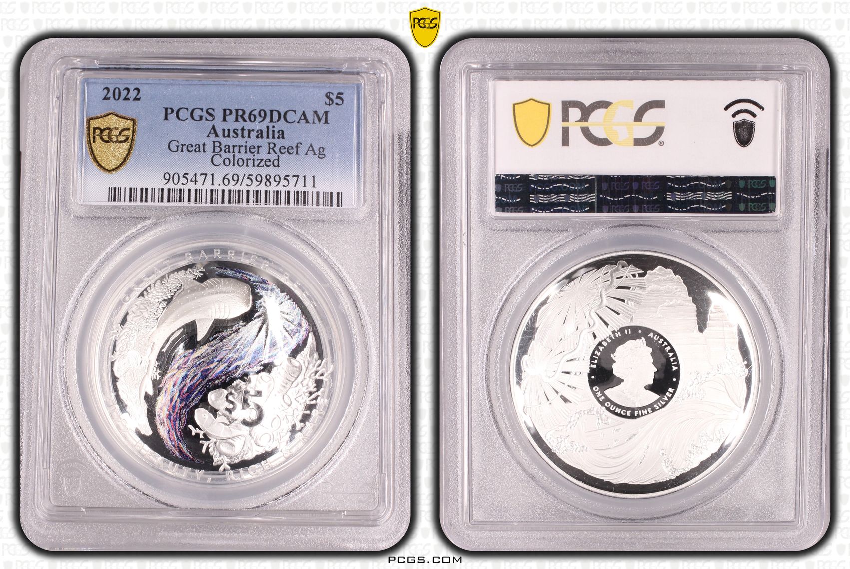 Great Barrier Reef Silver Colorized, Five Dollar, 2022, PCGS PR69DCAM