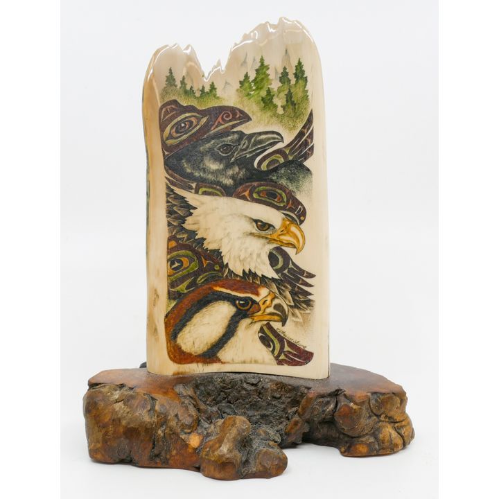 Catherine Young Native Eagle Scrimshawed Fragment on Stand 5''