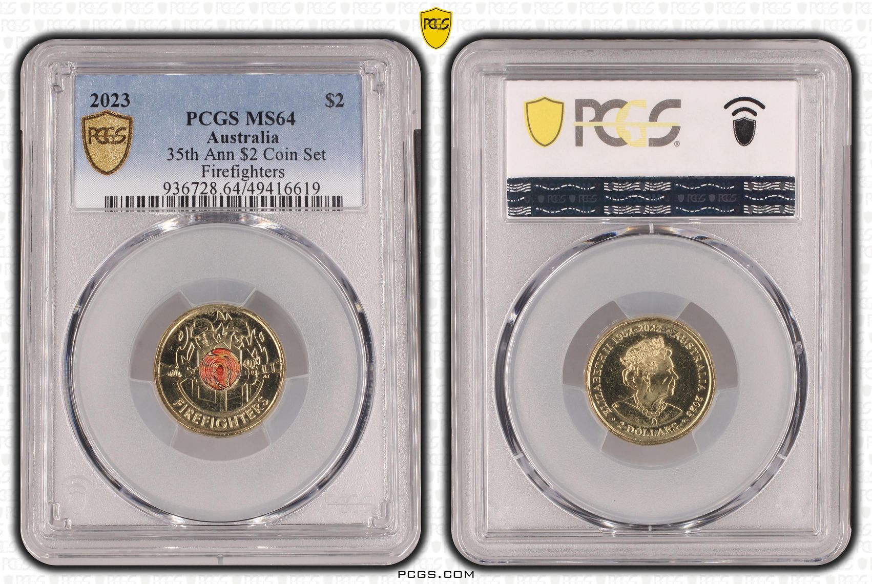 Elizabeth II, 35th Ann $2 Coin Set - Firefighters , Two Dollar, 2023, PCGS MS64