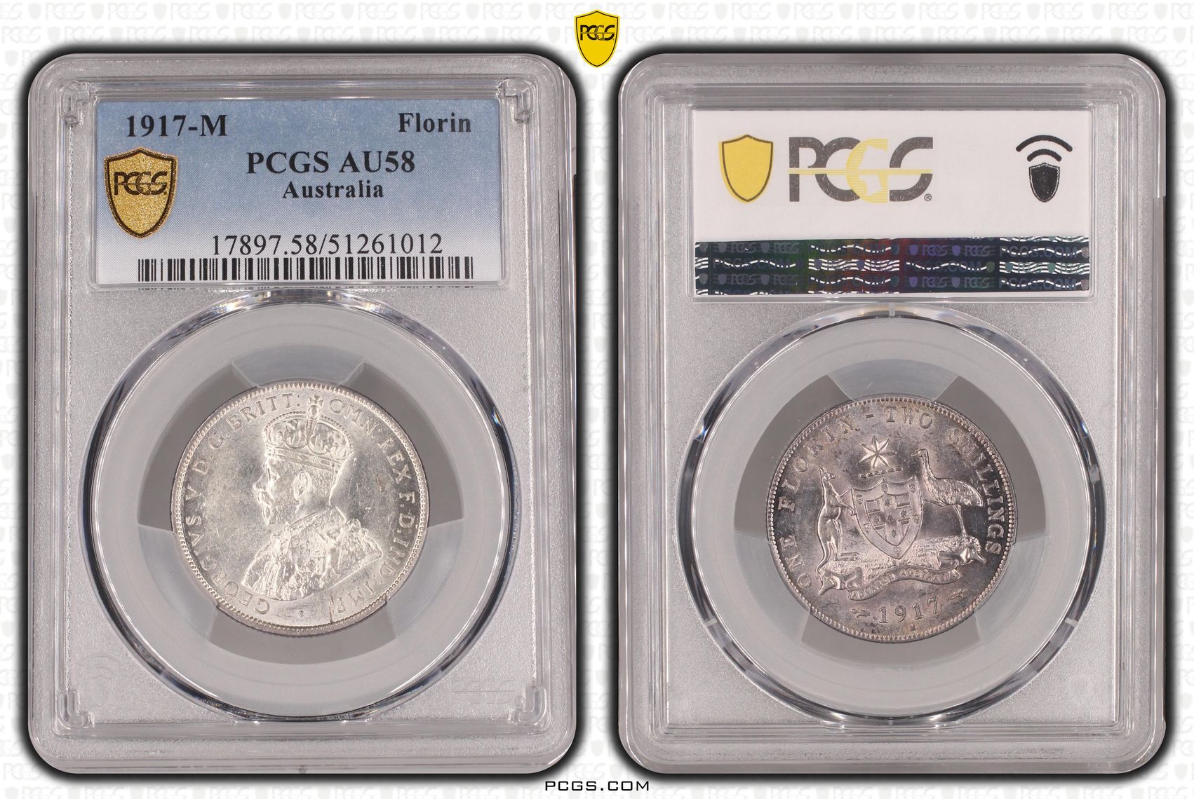 George V, Florin, 1917-M, PCGS AU58