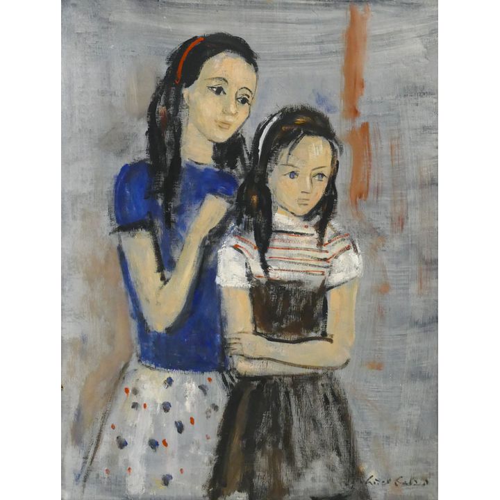 Lisel Salzer Portrait of Two Young Girls Oil on Masonite.
