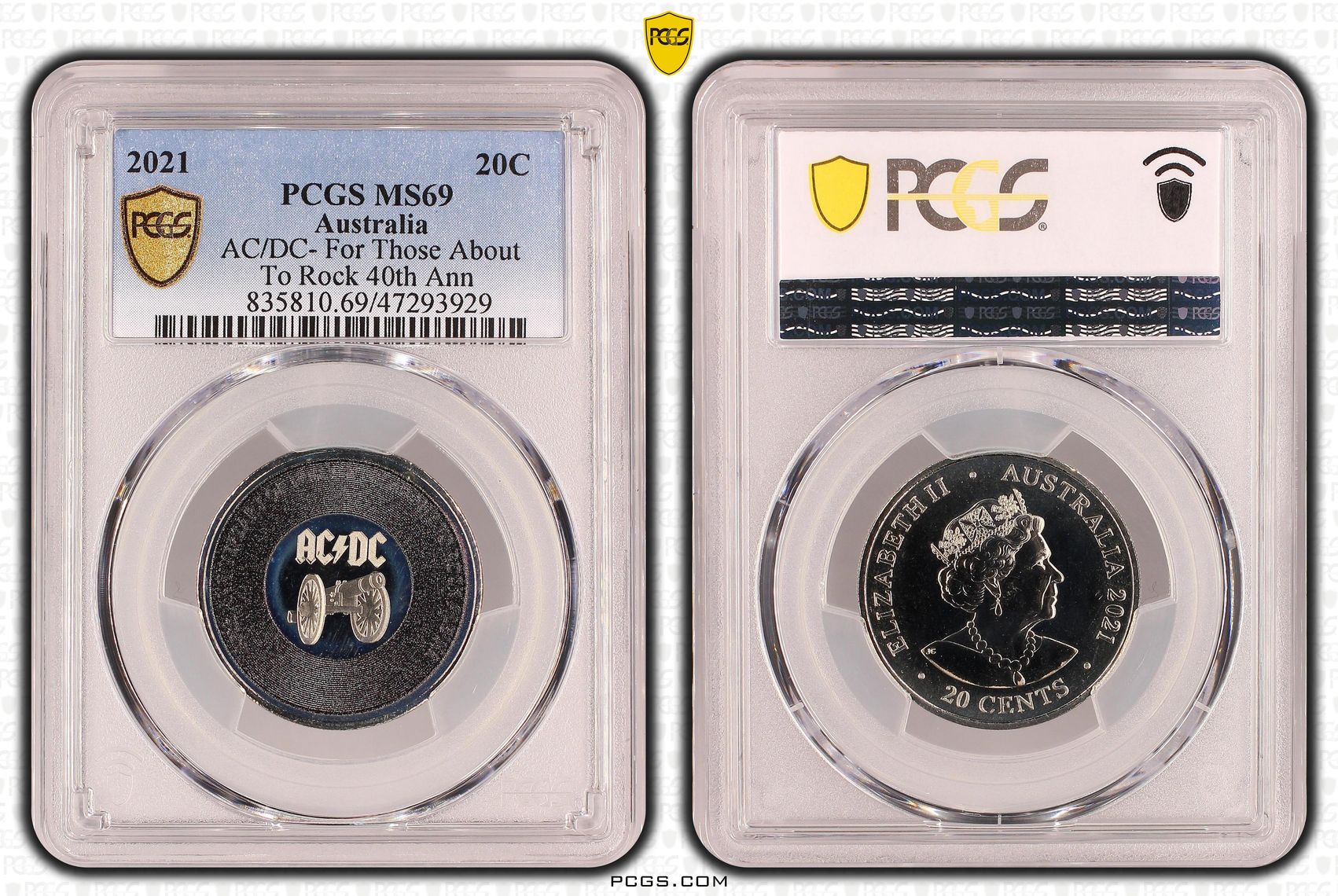Elizabeth II, AC/DC- For Those About To Rock, Twenty Cent, 2021, PCGS MS69