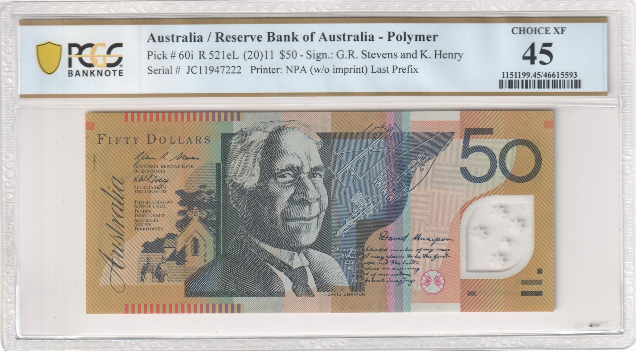 Last Prefix, Fifty Dollar, 2011, PCGS Choice XF 45