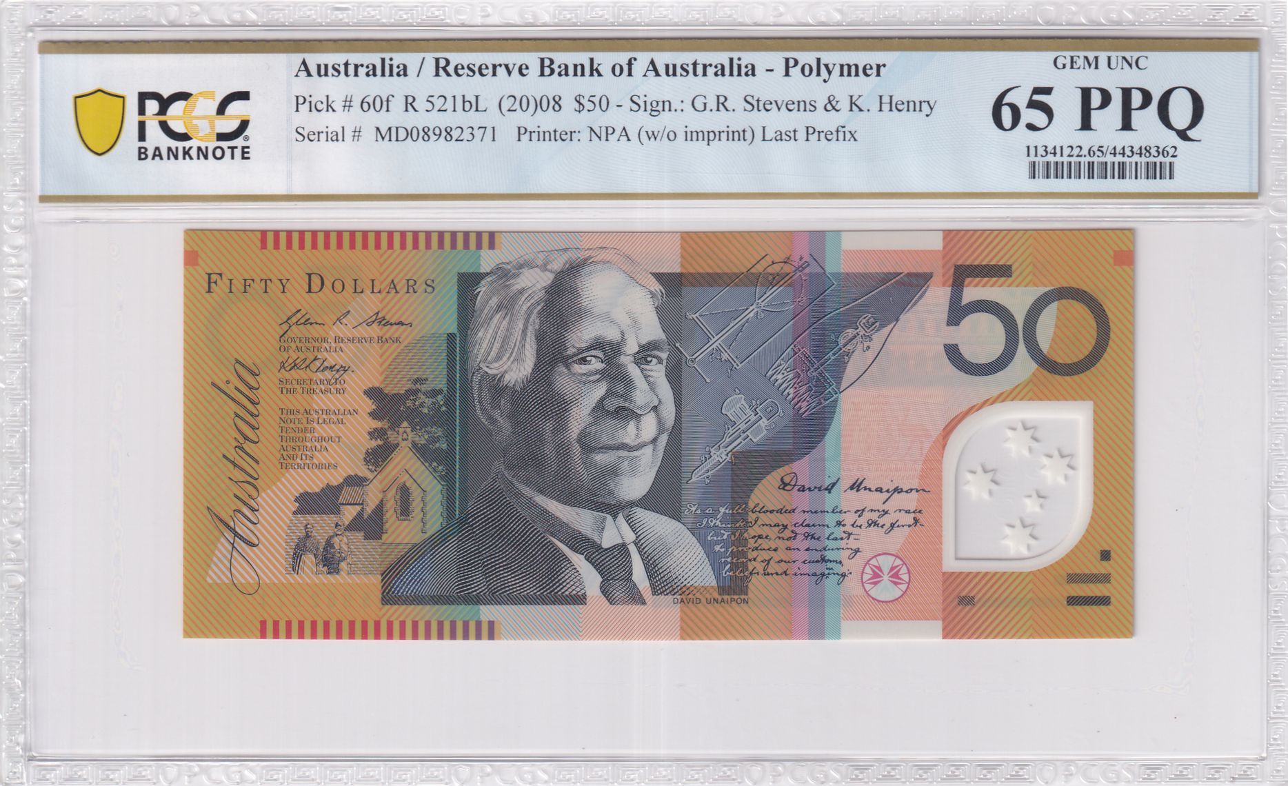Stevens/Henry, Last Prefix, Fifty Dollar, 2008, PCGS Gem UNC 65 PPQ