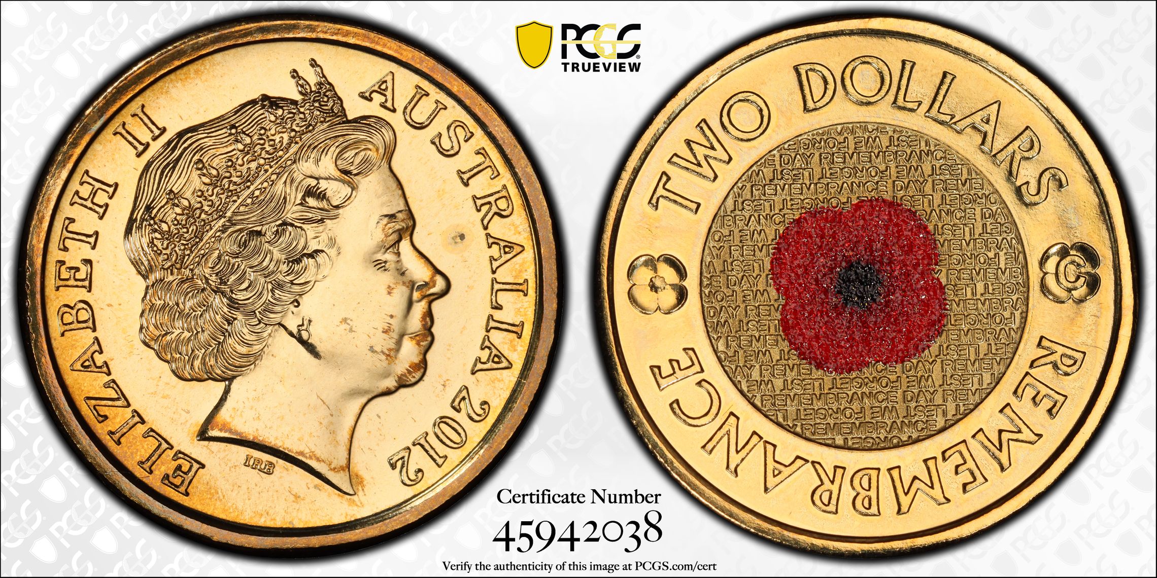 Elizabeth II, Remembrance Day - Red Poppy, Two Dollar, 2012-C, PCGS MS67