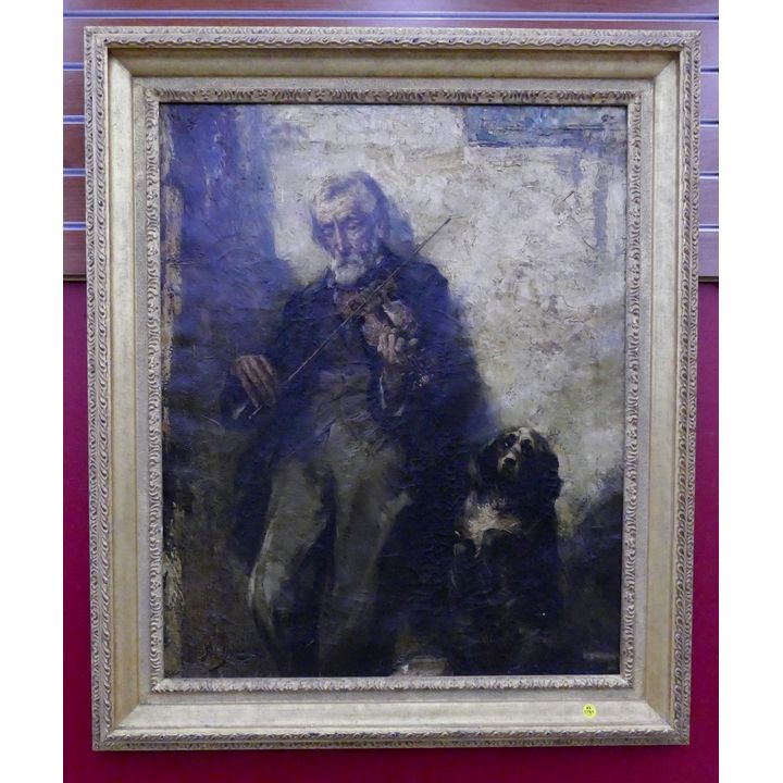 Antique Italian Violin Player w/ Dog Oil Painting in Gilt Frame- 40x33''