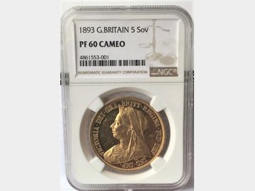 1893 Queen Victoria Old Head Proof Gold Five Pound Coin NGC graded PR60