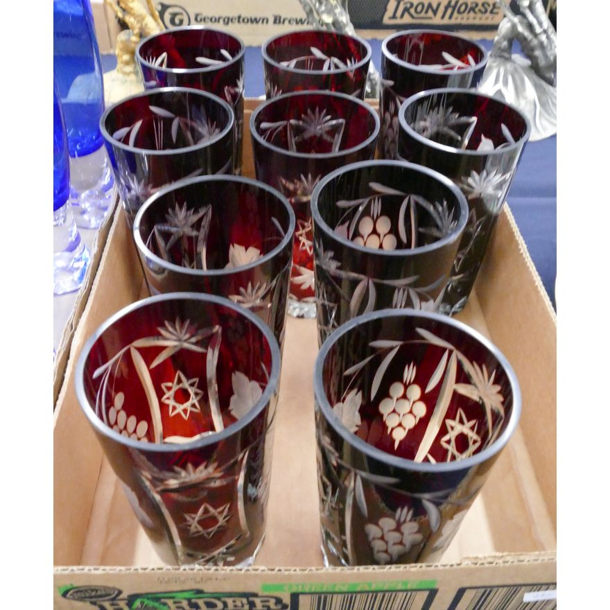Box 10pc Bohemian Ruby Cut-to-Clear Tumblers- 6''