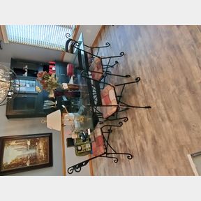 Glass top dining table with 6 chairs, wrought iron