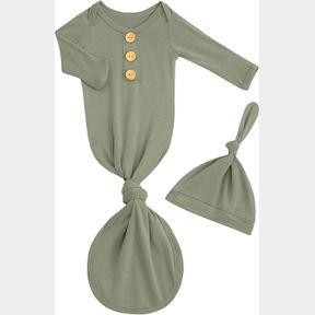 NEWBORN BABY KNOTTED GOWN AND HAT SET FOR BABY BOY GIRL BUTTERY-SOFT BAMOO VISCOSE INFANT SLEEPER WITH MITTENS (OLIVE GREEN, 0-3 M