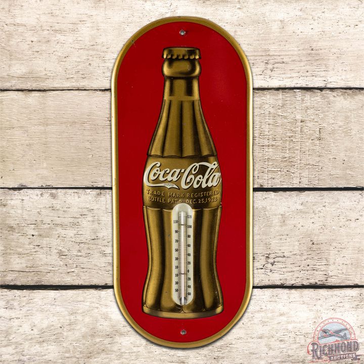 1935 Coca-Cola Emb. Single Sided Tin Thermometer Sign w/ Christmas Bottle
