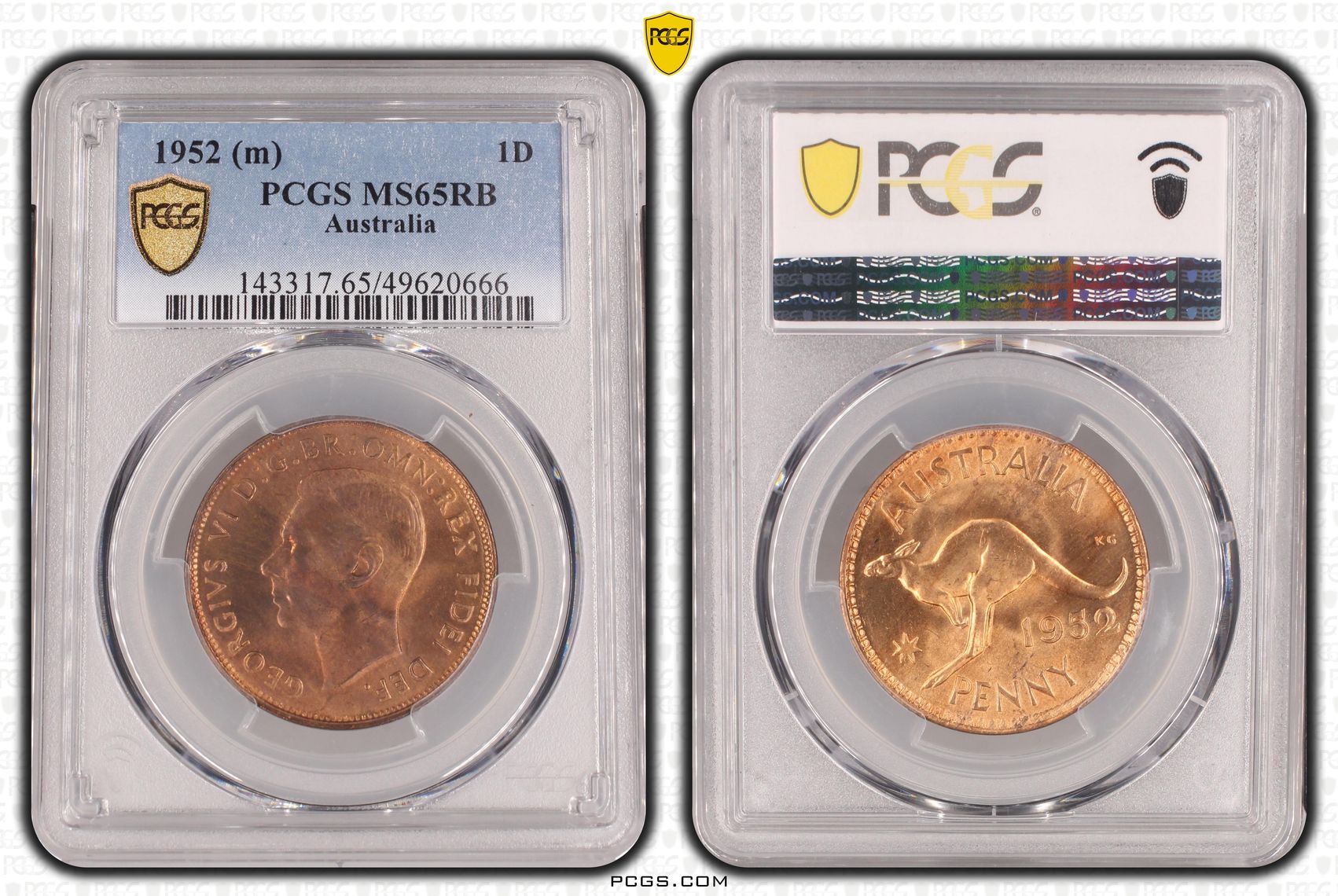 George VI, POP 14/0, Penny, 1952, PCGS MS65RB