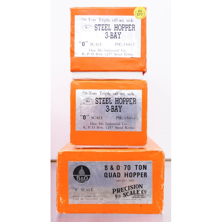 3pc Precision Scale Co. Brass 3-Bay & 70 Ton Hopper O Gauge Train Cars with Boxes
