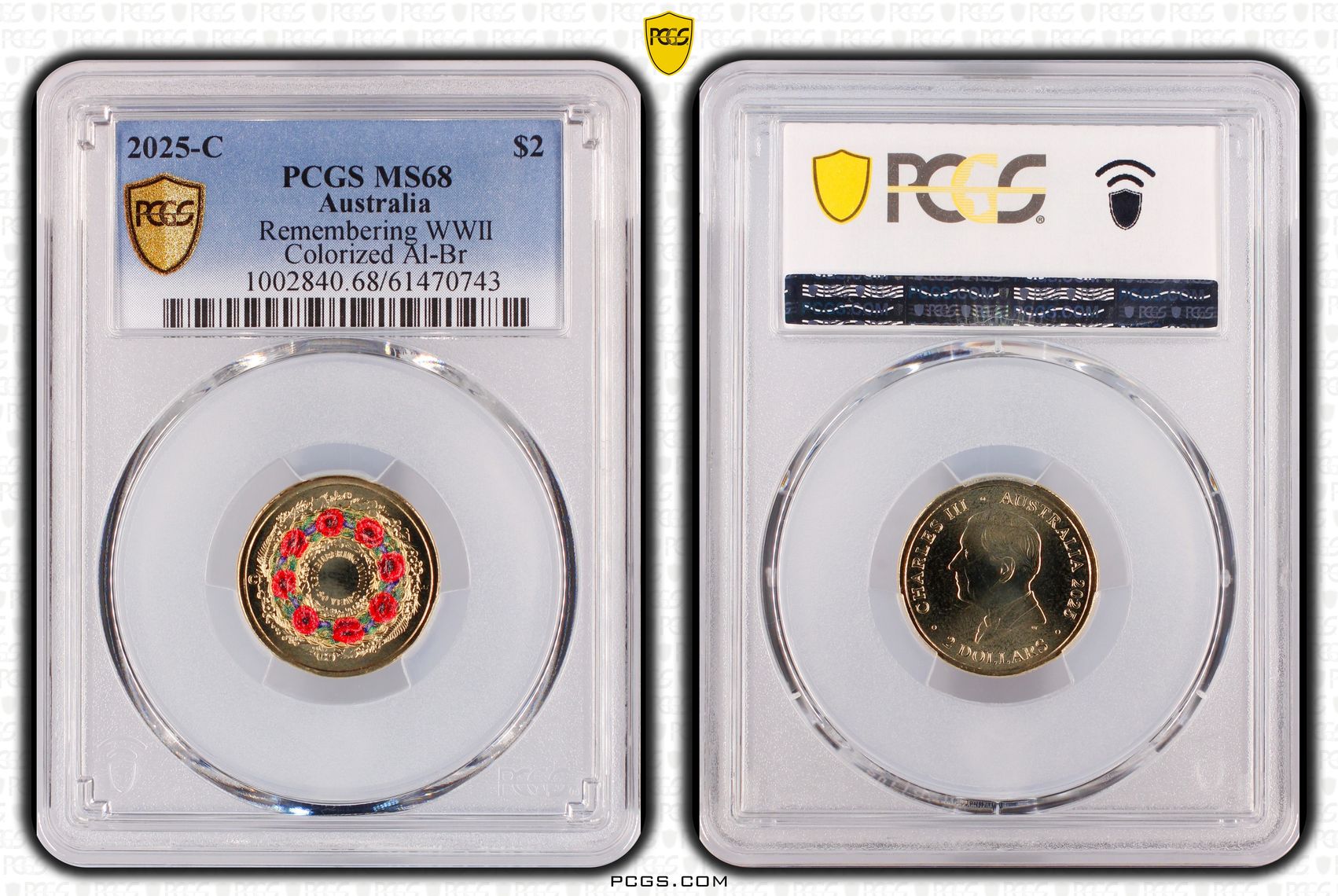 Remembering WWII Colourised AlBr, Two Dollar, 2025-C, PCGS MS68