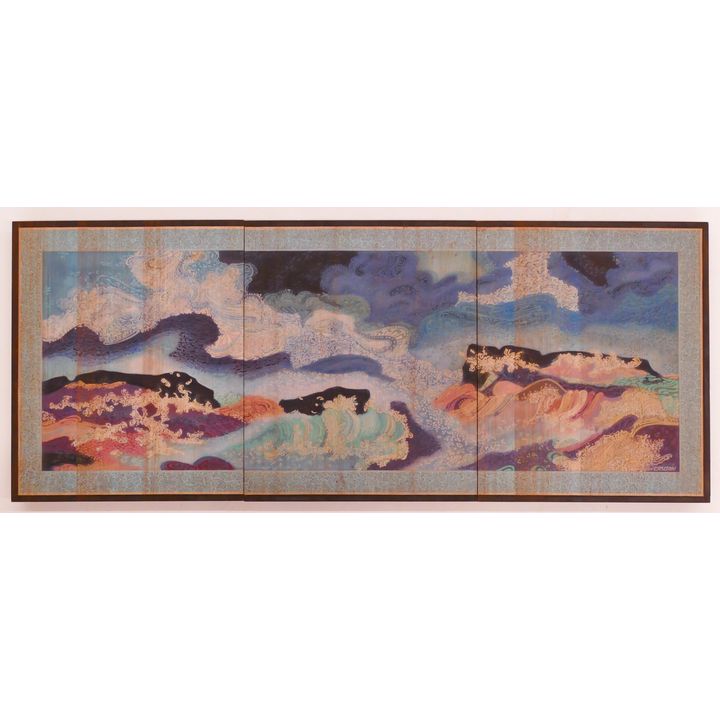 Jon J. Cruson 'Breaking Waters #1' Painted Wood Panel Triptych- 23x57''