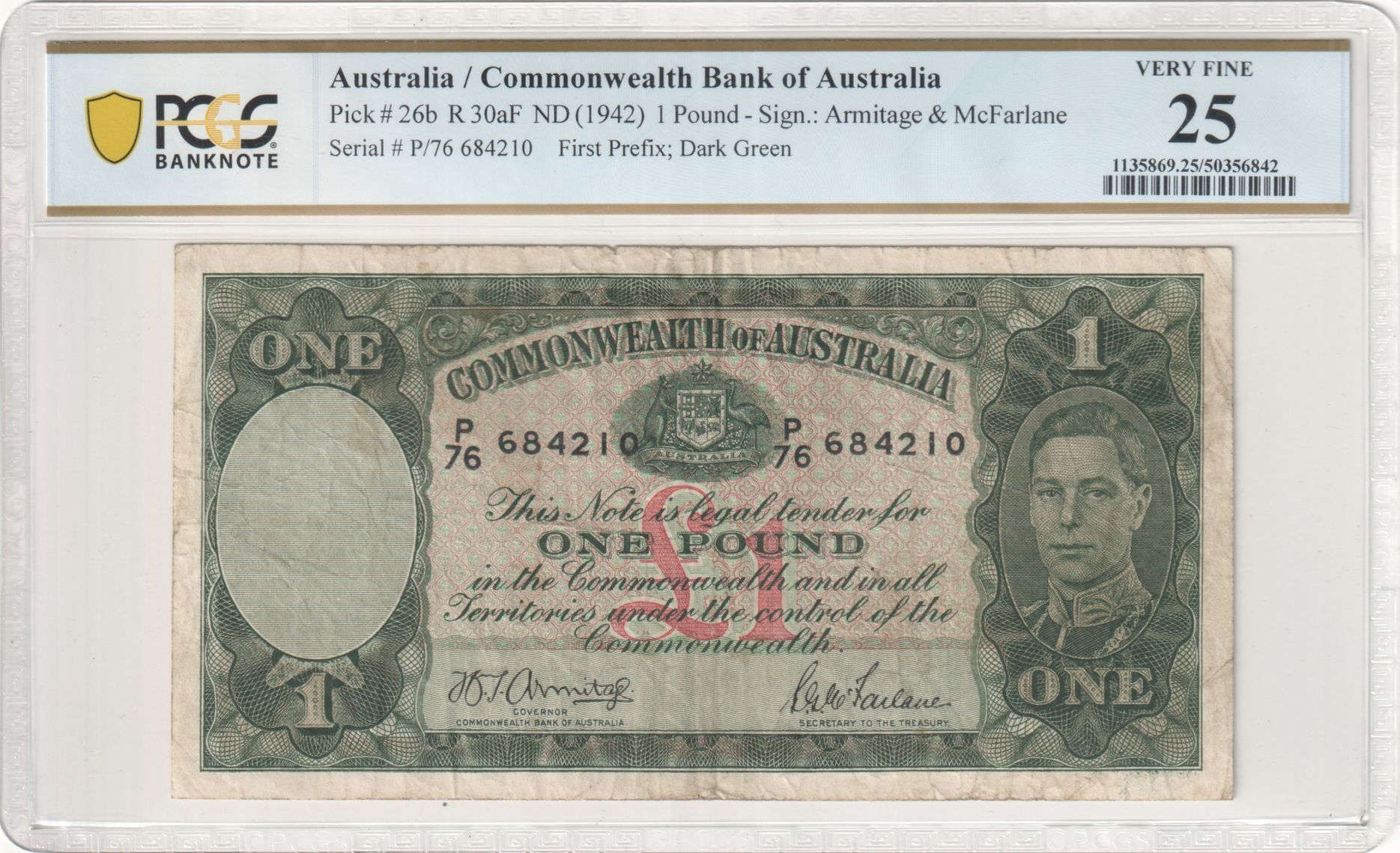Armitage/McFarlane, First Prefix; Dark Green, One Pound, 1942, PCGS Very Fine 25