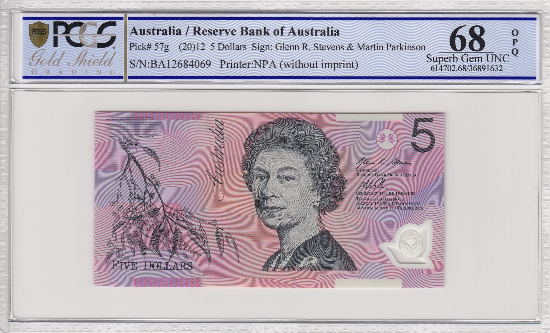 2012 $5 Stevens/Parkinson Superb Gem Unc 68 OPQ First Prefix