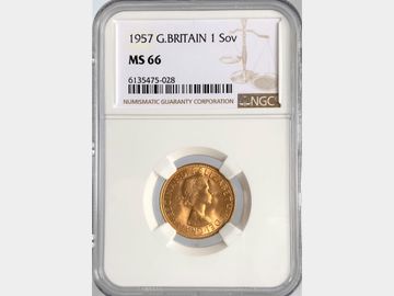 1957 ELIZABETH II PRE-DECIMAL GOLD SOVEREIGN MS66