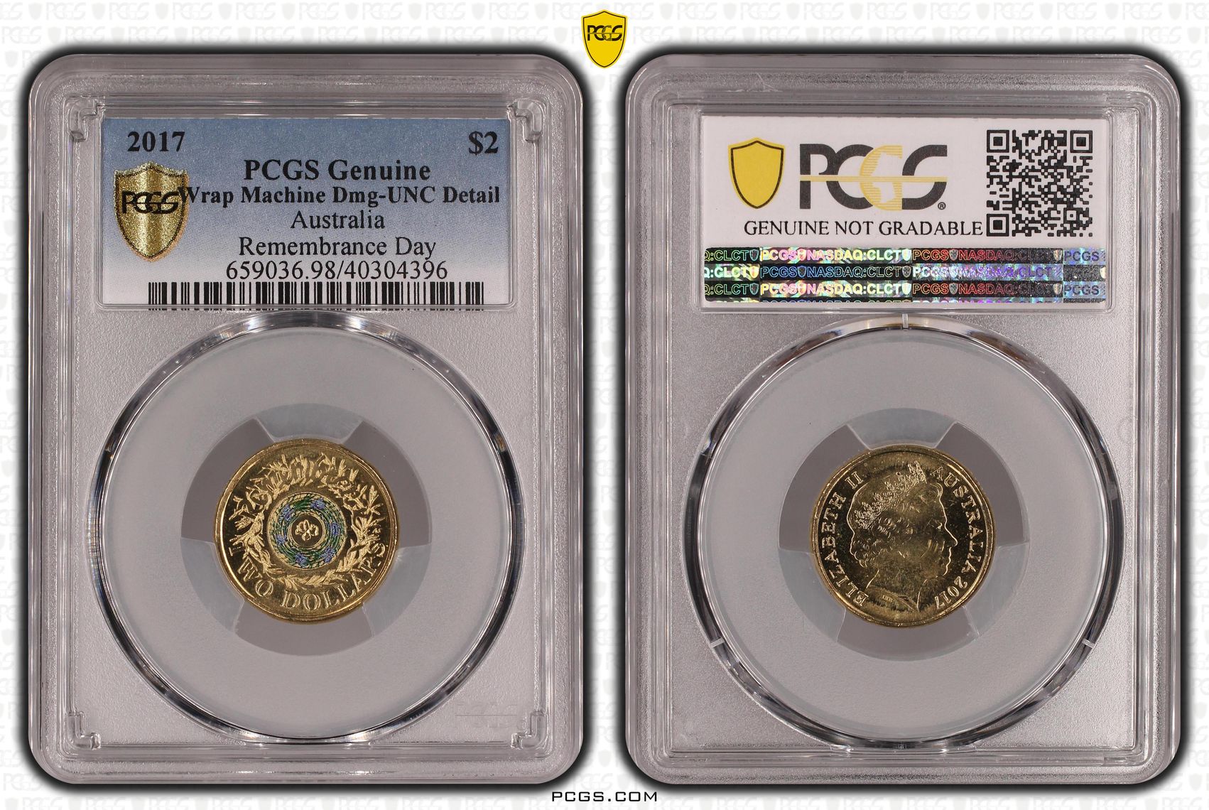 Elizabeth II, Remembrance Day Colorized, Two Dollar, 2017, PCGS Genuine - UNC Details (98 - Damage)