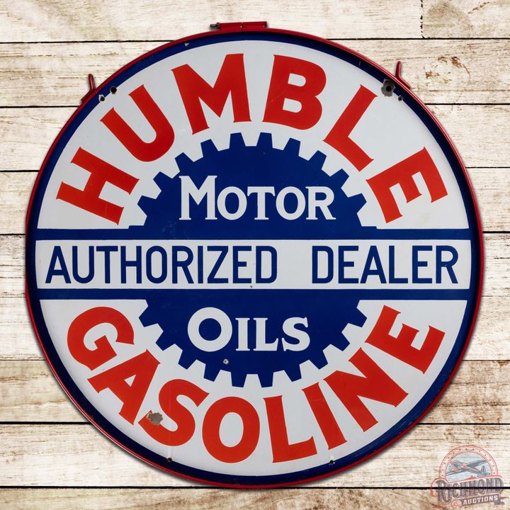 Humble Gasoline Motor Oils Authorized Dealer 42" Double Sided Porcelain Sign w/ Ring