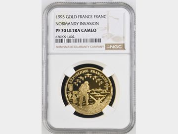 1993 FRENCH NORMANDY INVASION PROOF GOLD 1 FRANC PF70 UCAM TOP POP! (17g of .920)